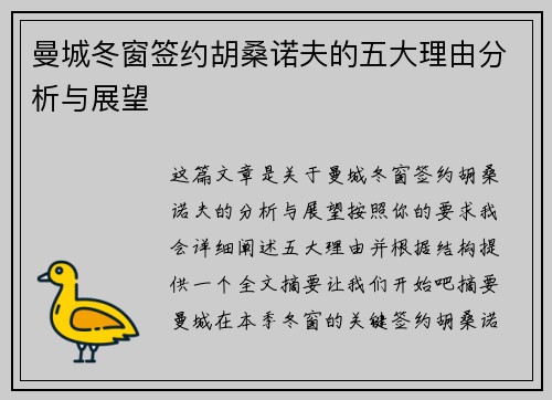 曼城冬窗签约胡桑诺夫的五大理由分析与展望
