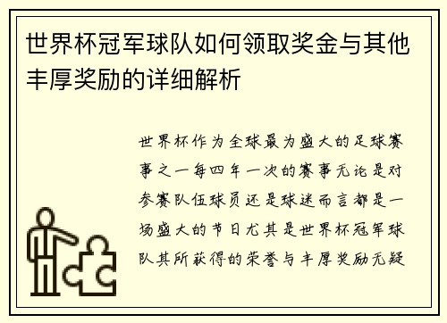 世界杯冠军球队如何领取奖金与其他丰厚奖励的详细解析